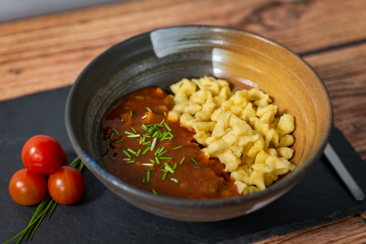 Delicious Beef Goulash with Spaetzle and Cherry Tomatoes